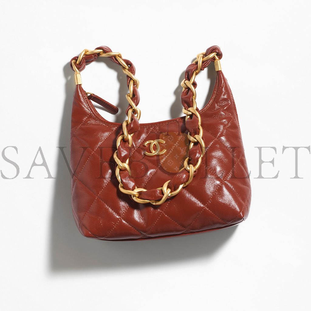 Ch*el master small hobo bag shiny lambskin and golden metallic brown as4922 (22.5*19.5*8.5cm)